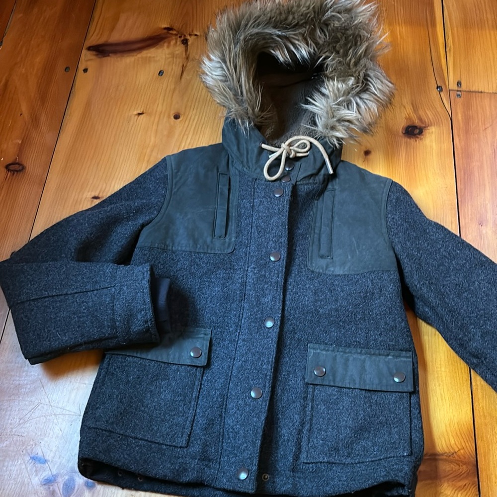 LL BEAN Signature Waxed Cotton & Wool Jacket Faux-Fur Hood Quilted Charcoal